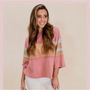 ODDI Pink, Brown, and Blue Color Block T-Shirt, Size Large